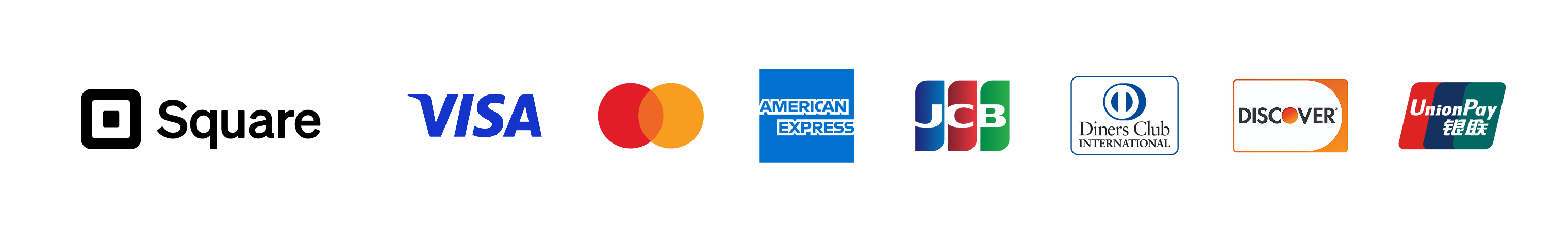 決済サービスSquare／ご利用いただけるカードブランド：Visa・Mastercard・アメリカン・エキスプレス・JCB・Diners Club・Discover・UnionPay（銀聯）